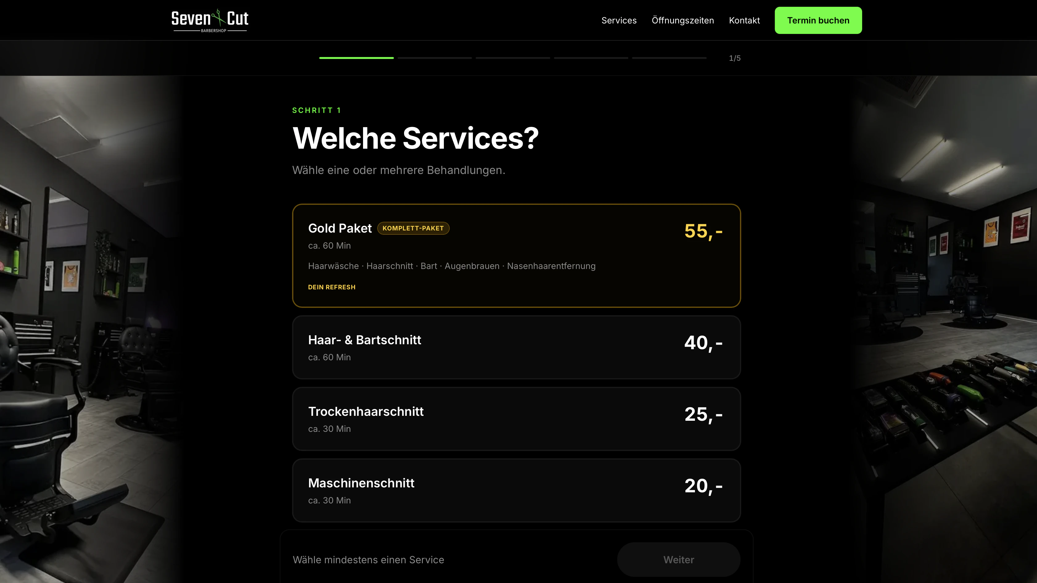 Serviceauswahl im fünfstufigen Terminbuchungssystem von Seven Cut